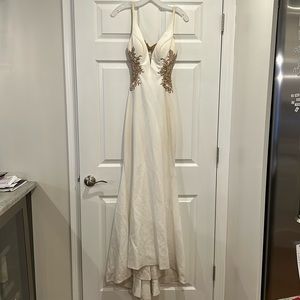 White and rose gold accent prom dress